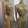 Stage Wear manches longues brillant or strass cristal sexy dos nu gland body pour femmes discothèque bal vêtements costumes