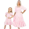 Family Matching Outfits Summe Mother Daughter Dresses Pink Grid Spring Look Mommy and Me Clothes Mom Mum Baby Women Girls Dress 230323
