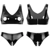 Bras Sets Womens Fashion Wet Look Patent Leather Lingerie Set Open Nipples Hole Design Bra Top With Low Rise Crotch Briefs Underwear