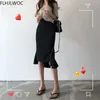 スカートSデザインシックな韓国ファッション女性オフィスレディソリッドブラックハイウエストチュニックロングスプリットスリットスリットペンシル230322