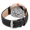 Relojes de pulsera FORSINING Moda Casual Caja cuadrilátera de oro rosa para hombres Manecillas azules Esfera blanca Correa de cuero negra Mecánico automático