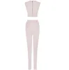 Women's Two Piece Pants Women Summer Fashion Sexy V Neck Sequined Black Pink Bandage Set Celebrity Designer 230322