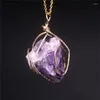 Pendant Necklaces Goldtone Plating Raw Rock Irregular Shape Stone Genuine Quartz Charm Necklace Steel Wire Wrapped