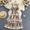 Court Style Dress Summer New Vintage Print Temperament Square Neck Slim Fit Mid Length Strap Dress