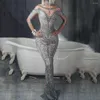 Scene Wear Party Dress for Women Silver Rhinestones Split Fork golvlängd Fishtail Dresses Nightclub Dance Show Outfit