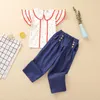 Kinder Denim Sets Dot gedruckte Turnhalterpops Girls Wave Lace Shirt Taste Pocket Jeans Kleinkind Elastichose Baby Casual Outfits