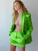 Tvådelad klänning kjol blazer korta uppsättningar för kvinnor grön violet hög kvalitet ljus satin dubbel breasted lös jacka mini