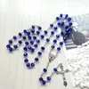 Pendentif Colliers QIGO Bijoux Catholiques Longue Croix Bleu Cristal Chapelet Collier Pour Hommes Femmes Cadeaux