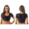 Kvinnors tankar Sexiga kvinnor Glossy Curved Hem Crop Top Short Sleeve T-shirt Scoop Neck Skintight Midriff Blouse