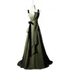 Olive Green Satin Prom Dress A-Line Spaghetti Strap Bow Ribbon Pleat Long Formal Celebrity Graduation Party Elegante avondjurken