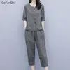 Kadın Tulumları Yükselenler 2023 Yaz 2pcs Ekose Vneck Bloomepants Office Lady iki parça Set Sıradan Moda Üstleri ve Anklelength Pantolon Setleri 230322