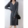 Casual Dresses Womens Elegant Cashmere Sweater Dresses 100% Merino Wool Sexig V-Neck Casual Sticked Kjol Fall Winter Ladies Black Dress Clothes 230323