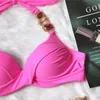 Kadın Mayo Moda Pembe Push Up Bikini Beach Mysuuit v yaka yular seksi yastıklı sütyen 2 adet kadın çift taraflı set