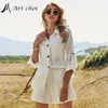 Kvinnors spårdräkter Summer Beach Leisure Button White Suit Cotton Linne Två bit långärmad skjorta Shorts Outfits 230323