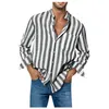 Men's Casual Shirts 2023 Summer Mens Striped Linen Buckle Lapel Long Sleeve Streetwear Turn Down Collar Camisa Masculina