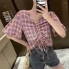 Dames blouzen blouse shirts rode plaid v nek ruches trekkoord sexy tee dames tops zomer 2023 puff mouw dames losse glamoureuze blusa's