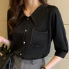 Blouses pour femmes col de poupée doux lâche français à manches courtes en mousseline de soie chemise mode femmes vêtements hauts Mujer Blusa solide épissé 2710