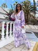 Frauen Tunika Beach Deckkleid 2023 Sommer V-Ausschnitt Rückenless hohles Laternenhülle Lange Kleiderinnen weibliche Clubparty Maxi Kleid