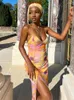 Casual Dresses 2023 Spring Tie Dyed Satin Suspender Dress For Women Fashion Backless High Slit Female Chic Beach Holiday Robe