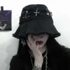 와이드 브림 모자 블랙 하라주쿠 몰 고스 모자 여성 남성 소녀 펑크 Emo Dark Academic Aesthetic Cross Brim Caps Fairy Grunge Hat Bucket Alternative G230323