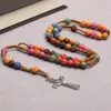 Colorful Cross Pendant Necklace Catholic Rose Rosary Jesus Christian Prayer Beaded Necklace Religious Jewelry