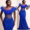 2023 Arabic Aso Ebi Royal Blue Prom Dresses Mermaid Sequined Lace Crystals Evening Formal Party Second Reception Birthday Engagement Bridesmaid Gowns Dress ZJ6644