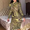 Casual Dresses Zoctuo Zebra Printing Party Dress Autumn Streetwear Yellow Slim Sheer Mesh Sexy Club Long Sleeve Tight Fashion Vestidos