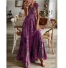 Casual Dresses Women Summer Short Sleeve Loose Beach Dresses Retro Mönster Print Bohemian Long Dress Spring V Neck High midja Maxi Cover Up 230323