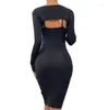 Casual Dresses Women Close-fitting Two-piece Clothes Set Black Solid Color Long Dress And Crop Tops S/ M/ LCasual