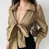 Kadın bluzları Xuxi 2023 Bahar Sonbahar İnce Kısa Gömlek Kadın Seksi Çapraz V-Neck Kravat Fener Kollu Yüksek Bel Kırpılmış Yakel Üst E3329