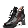 Kleid Schuhe Frauen Peep Toe Sandalen Plus Größe 43 Sommer Koreanischen Stil Schuhe Hohe Quadratische Blockabsatz Handgefertigte Schwarz Mesh Lace Up Zip AA230322