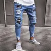 Men's Jeans Fashion Vintage Ripped Super Skinny Slim Fit Zipper Denim Pant Destroyed Frayed Trousers Cartoon Gothic Style Pants