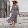 Casual Dresses Ladies Elegant Long Bandage Floral Print Dress Women 2023 Autumn Winter V Neck Full Sleeve Hight Midje Maxi