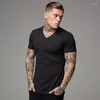 T-shirts voor heren T-shirts voor heren Mode T-shirt met v-hals Heren Gymkleding Heren Bodybuilding Shirt Katoen Korte mouw T-shirt Fitness Sportkleding Workout Tops SWVU