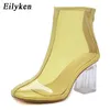 Sexy PVC Transparent Boots Round Toe Shoes Clear Chunky Heels Women Boots Sandals Zipper Mujer 230306