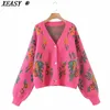 Women's Two Piece Pants XEASY Women Flowers Sweater Set Fashion Vintage SingleBreasted Loose Cardigan Female Elastic High Waist Knit Shorts Suit 230322