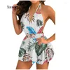 Casual Dresses Fashion Women Halter V-Neck Backless Flower Print Bandage Sling Dress Elasticity High Waist Sexy Beach Sleeveless Dreses