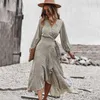 Casual Dresses Ladies Elegant Long Bandage Floral Print Dress Women 2023 Autumn Winter V Neck Full Sleeve Hight Midje Maxi