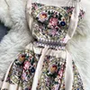 Court Style Dress Summer New Vintage Print Temperament Square Neck Slim Fit Mid Length Strap Dress