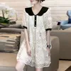 Casual Dresses Sweet Peter Pan Collar Chic Button Midi Dresses Women's Clothing Casual Loose Spliced Summer Puff Sleeve Commute Chiffon Dress 230323
