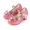 First Walkers Princess Kids Leather Shoes For Girls Flower Casual Glitter Children High Heel Butterfly Knot Blue Pink Silver 230323