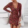 Casual Dresses Women Summer Long Sleeve V Neck Floral Print Asymmetrical Pleated Dress Bodycon Sexig 2023 Elegant Mini Party