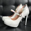 Olomm Handmade Women Spring Pumps Platform Ankle Strap Sexy Stiletto Heels Round Toe Pretty White Party Shoes Us Size 5-20