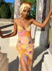 Casual Dresses 2023 Spring Tie Dyed Satin Suspender Dress For Women Fashion Backless High Slit Female Chic Beach Holiday Robe