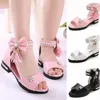 First Walkers Kids Bow Sandals Children Girls Summer Cute Beach Princess Fashion High Heels Tassel School Shoes 230323