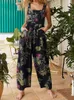 Kvinnors jumpsuits rompers kvinnor jumpsuits blad blommig tryck ärmlösa hängande overaller med fickor sommar avslappnad lös romper kvinna plus size s-5xl 230323