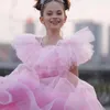 Девушка платья розовый цветочный платье с плечевых оборков блестящий тюль