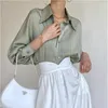 Women's Blouses DUOFAN Black Satin Stripe Women's Korean Chic Loose Casual Long Sleeve Shirt Female Lapel Vintage Design Sense Tops