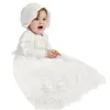Flickaklänningar Vita babyflickor som dopar klänningar födda dopkläder Prinsessan spetsar bomull fullärmad nattvardsgångsklänning