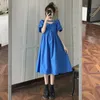 Casual Dresses Fashion Summer Dress for Women Yellow Mid-Längd Retro Puff Sleeves Liten midja tunn och färsk A-Line Maxi Dress 230323